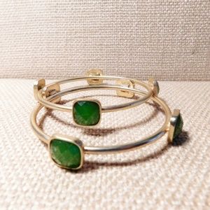 2 Faceted Green Glass and Matte Gold Bangles